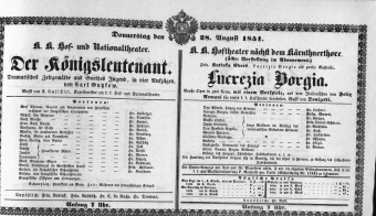 Theaterzettel (Oper und Burgtheater in Wien) 18510828 Seite: 1