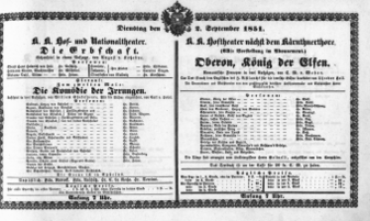 Theaterzettel (Oper und Burgtheater in Wien) 18510902 Seite: 1