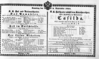 Theaterzettel (Oper und Burgtheater in Wien) 18510906 Seite: 1