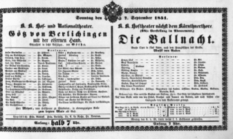 Theaterzettel (Oper und Burgtheater in Wien) 18510907 Seite: 1