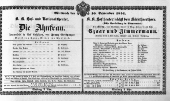 Theaterzettel (Oper und Burgtheater in Wien) 18510910 Seite: 1