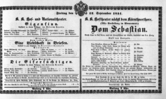 Theaterzettel (Oper und Burgtheater in Wien) 18510912 Seite: 1