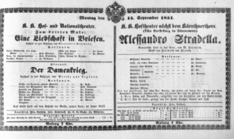 Theaterzettel (Oper und Burgtheater in Wien) 18510915 Seite: 1