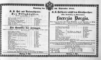 Theaterzettel (Oper und Burgtheater in Wien) 18510920 Seite: 1