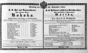 Theaterzettel (Oper und Burgtheater in Wien) 18510923 Seite: 1