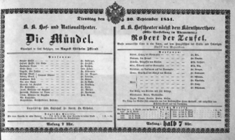 Theaterzettel (Oper und Burgtheater in Wien) 18510930 Seite: 1