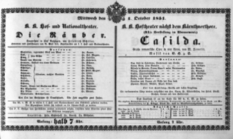 Theaterzettel (Oper und Burgtheater in Wien) 18511001 Seite: 1