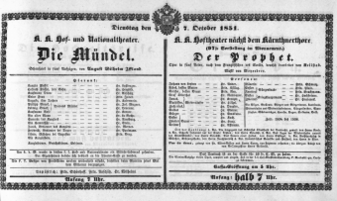 Theaterzettel (Oper und Burgtheater in Wien) 18511007 Seite: 1