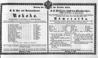 Theaterzettel (Oper und Burgtheater in Wien) 18511010 Seite: 1