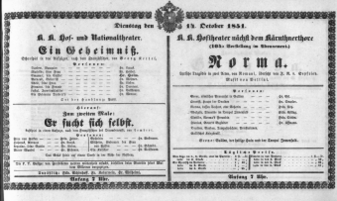 Theaterzettel (Oper und Burgtheater in Wien) 18511014 Seite: 1