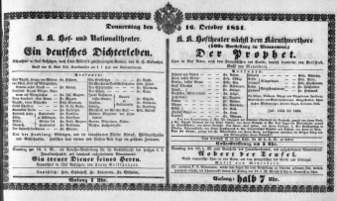Theaterzettel (Oper und Burgtheater in Wien) 18511016 Seite: 1
