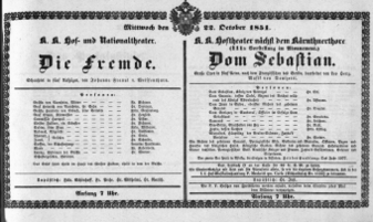 Theaterzettel (Oper und Burgtheater in Wien) 18511022 Seite: 1