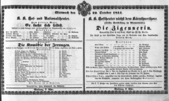 Theaterzettel (Oper und Burgtheater in Wien) 18511029 Seite: 1