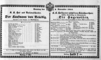 Theaterzettel (Oper und Burgtheater in Wien) 18511102 Seite: 1