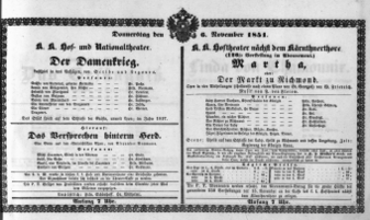 Theaterzettel (Oper und Burgtheater in Wien) 18511106 Seite: 1