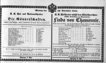 Theaterzettel (Oper und Burgtheater in Wien) 18511110 Seite: 1