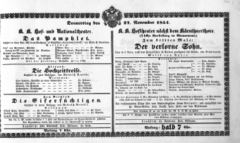 Theaterzettel (Oper und Burgtheater in Wien) 18511127 Seite: 1