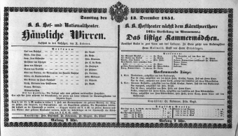 Theaterzettel (Oper und Burgtheater in Wien) 18511213 Seite: 1