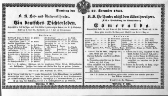 Theaterzettel (Oper und Burgtheater in Wien) 18511227 Seite: 1