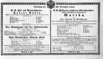 Theaterzettel (Oper und Burgtheater in Wien) 18511230 Seite: 1
