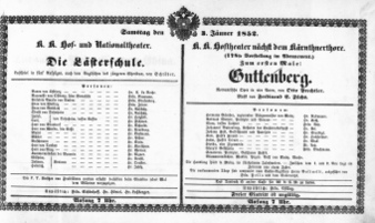 Theaterzettel (Oper und Burgtheater in Wien) 18520103 Seite: 1