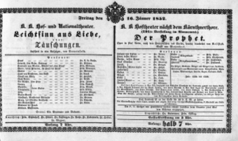 Theaterzettel (Oper und Burgtheater in Wien) 18520116 Seite: 1
