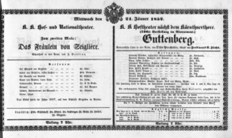 Theaterzettel (Oper und Burgtheater in Wien) 18520121 Seite: 1
