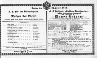 Theaterzettel (Oper und Burgtheater in Wien) 18520123 Seite: 1