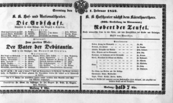 Theaterzettel (Oper und Burgtheater in Wien) 18520201 Seite: 1