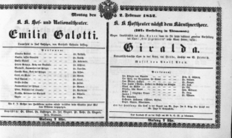 Theaterzettel (Oper und Burgtheater in Wien) 18520202 Seite: 1