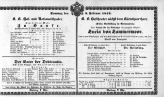 Theaterzettel (Oper und Burgtheater in Wien) 18520208 Seite: 1