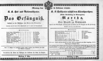 Theaterzettel (Oper und Burgtheater in Wien) 18520209 Seite: 1