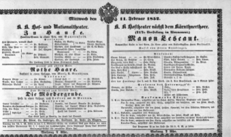 Theaterzettel (Oper und Burgtheater in Wien) 18520211 Seite: 1