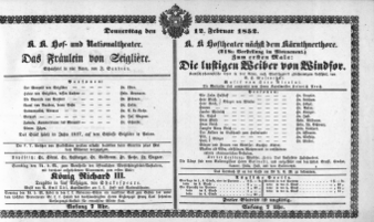 Theaterzettel (Oper und Burgtheater in Wien) 18520212 Seite: 1