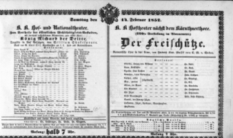 Theaterzettel (Oper und Burgtheater in Wien) 18520214 Seite: 1