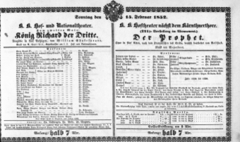 Theaterzettel (Oper und Burgtheater in Wien) 18520215 Seite: 1