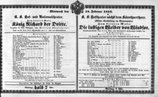 Theaterzettel (Oper und Burgtheater in Wien) 18520218 Seite: 1
