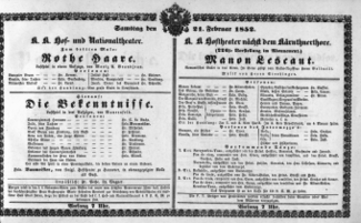 Theaterzettel (Oper und Burgtheater in Wien) 18520221 Seite: 1
