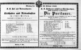 Theaterzettel (Oper und Burgtheater in Wien) 18520223 Seite: 1