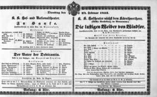 Theaterzettel (Oper und Burgtheater in Wien) 18520224 Seite: 1