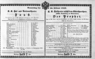 Theaterzettel (Oper und Burgtheater in Wien) 18520226 Seite: 1