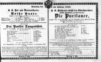 Theaterzettel (Oper und Burgtheater in Wien) 18520228 Seite: 1