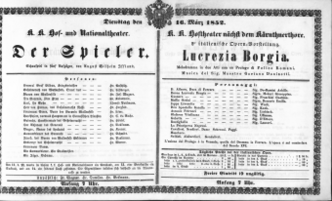 Theaterzettel (Oper und Burgtheater in Wien) 18520316 Seite: 1