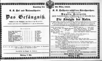 Theaterzettel (Oper und Burgtheater in Wien) 18520320 Seite: 1