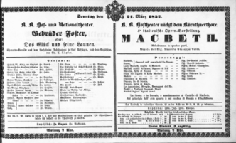 Theaterzettel (Oper und Burgtheater in Wien) 18520321 Seite: 1