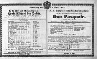 Theaterzettel (Oper und Burgtheater in Wien) 18520401 Seite: 1