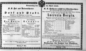 Theaterzettel (Oper und Burgtheater in Wien) 18520415 Seite: 1