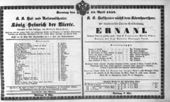 Theaterzettel (Oper und Burgtheater in Wien) 18520418 Seite: 1