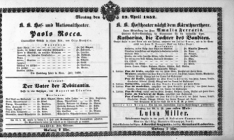 Theaterzettel (Oper und Burgtheater in Wien) 18520419 Seite: 1