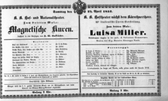 Theaterzettel (Oper und Burgtheater in Wien) 18520424 Seite: 1